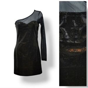 Forever 21 Sheer Mesh One Shoulder Sequin Little Black Dress Size Small